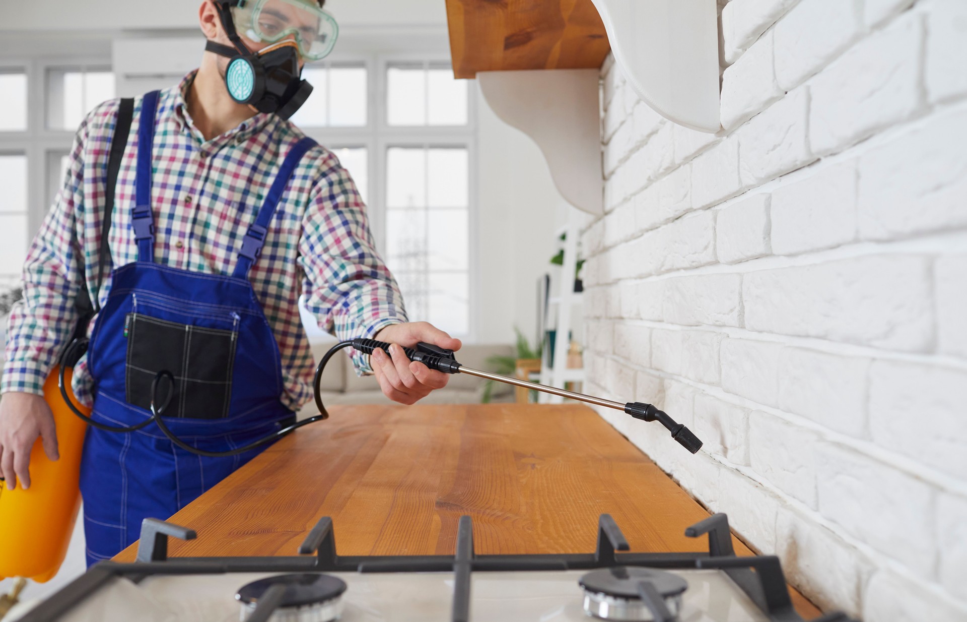 Pest control worker spraying toxic insecticide in the kitchen of a house or an apartment